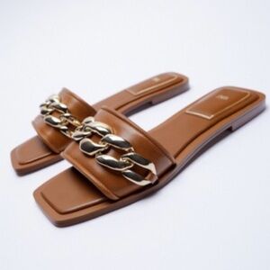 Zara Square Toe Vegan Leather‎ Gold Chain Slides in Brown Size 7.5 or 38